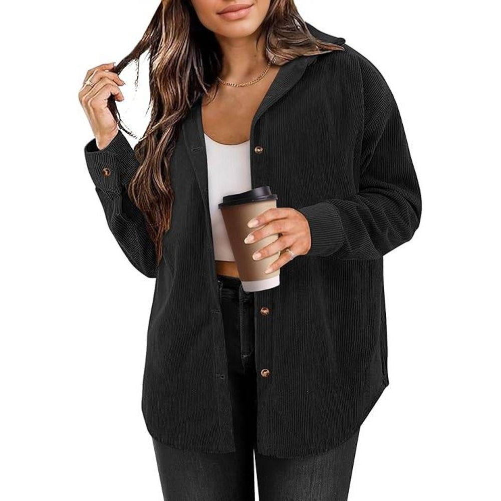 AKEFUN Womens Black Corduroy Oversized Button Up Shirt Long Sleeve Casual Large